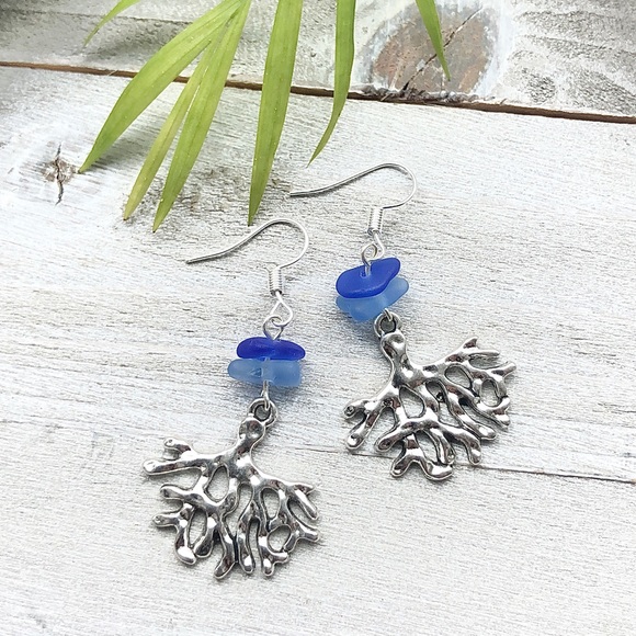 Artisan Jewelry - Sea Glass / Seaglass And Coral Branch Earring